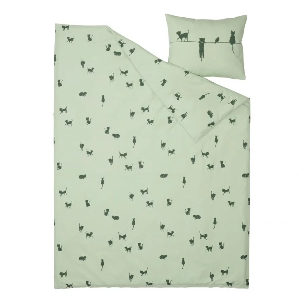Green Cat Print Bedding Set - Duvet Cover & Pillowcase